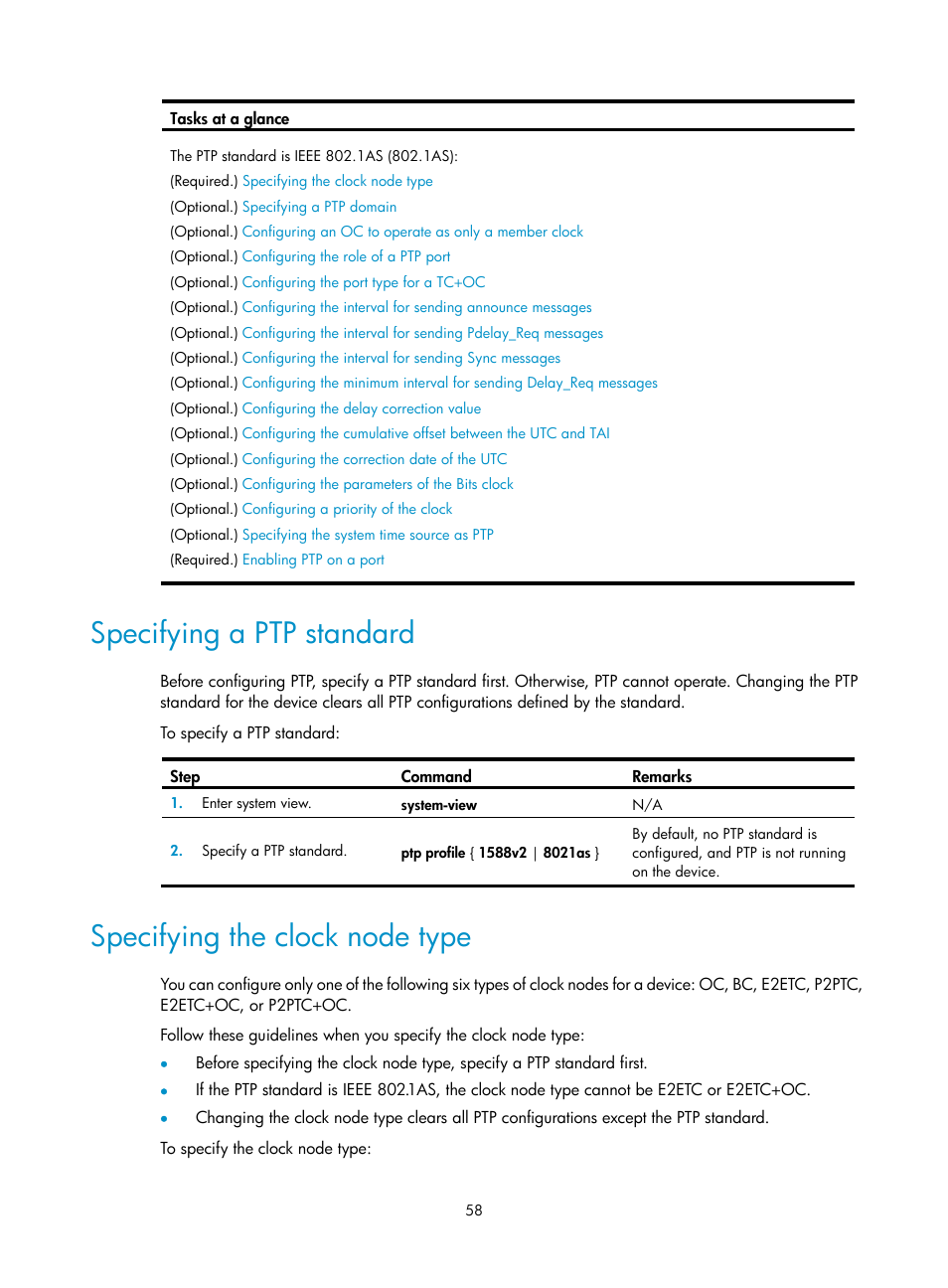 Specifying a ptp standard, Specifying the clock node type, Required.) | H3C Technologies H3C S6300 Series Switches User Manual | Page 71 / 306