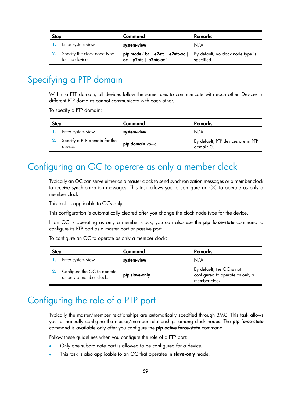 Specifying a ptp domain, Configuring the role of a ptp port | H3C Technologies H3C S6300 Series Switches User Manual | Page 72 / 306