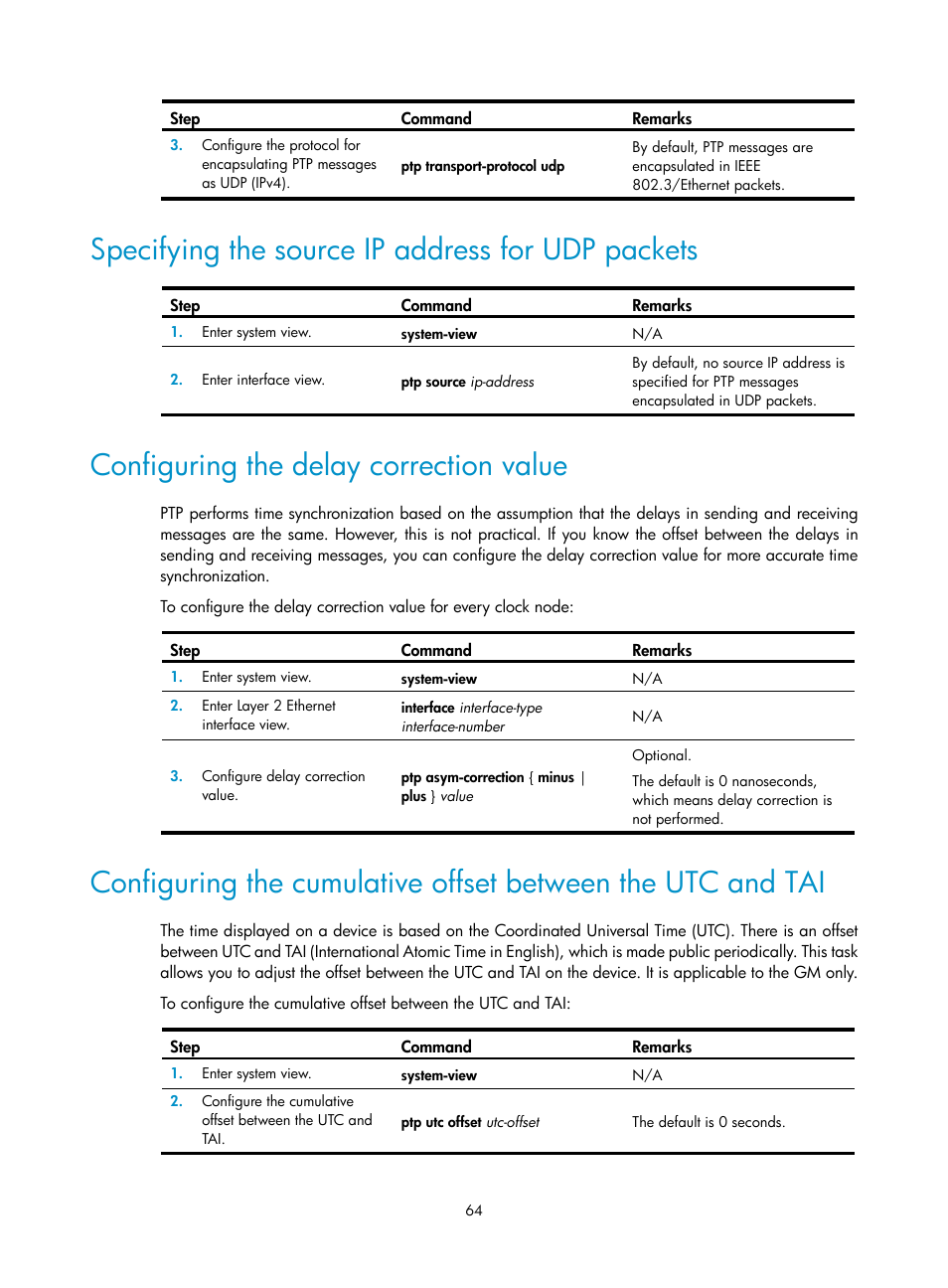 Specifying the source ip address for udp packets, Configuring the delay correction value | H3C Technologies H3C S6300 Series Switches User Manual | Page 77 / 306