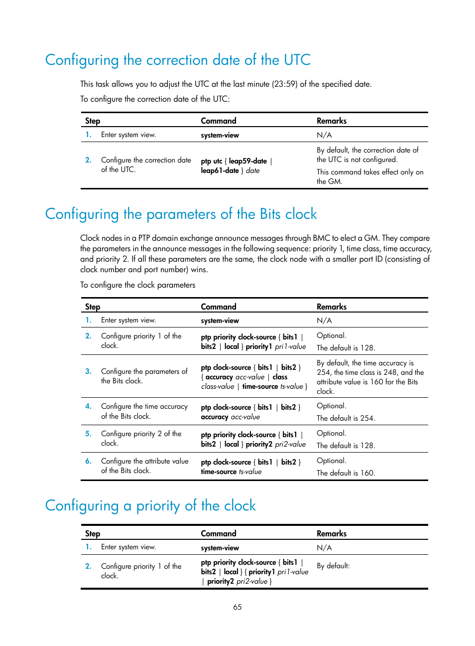 Configuring the correction date of the utc, Configuring the parameters of the bits clock, Configuring a priority of the clock | H3C Technologies H3C S6300 Series Switches User Manual | Page 78 / 306