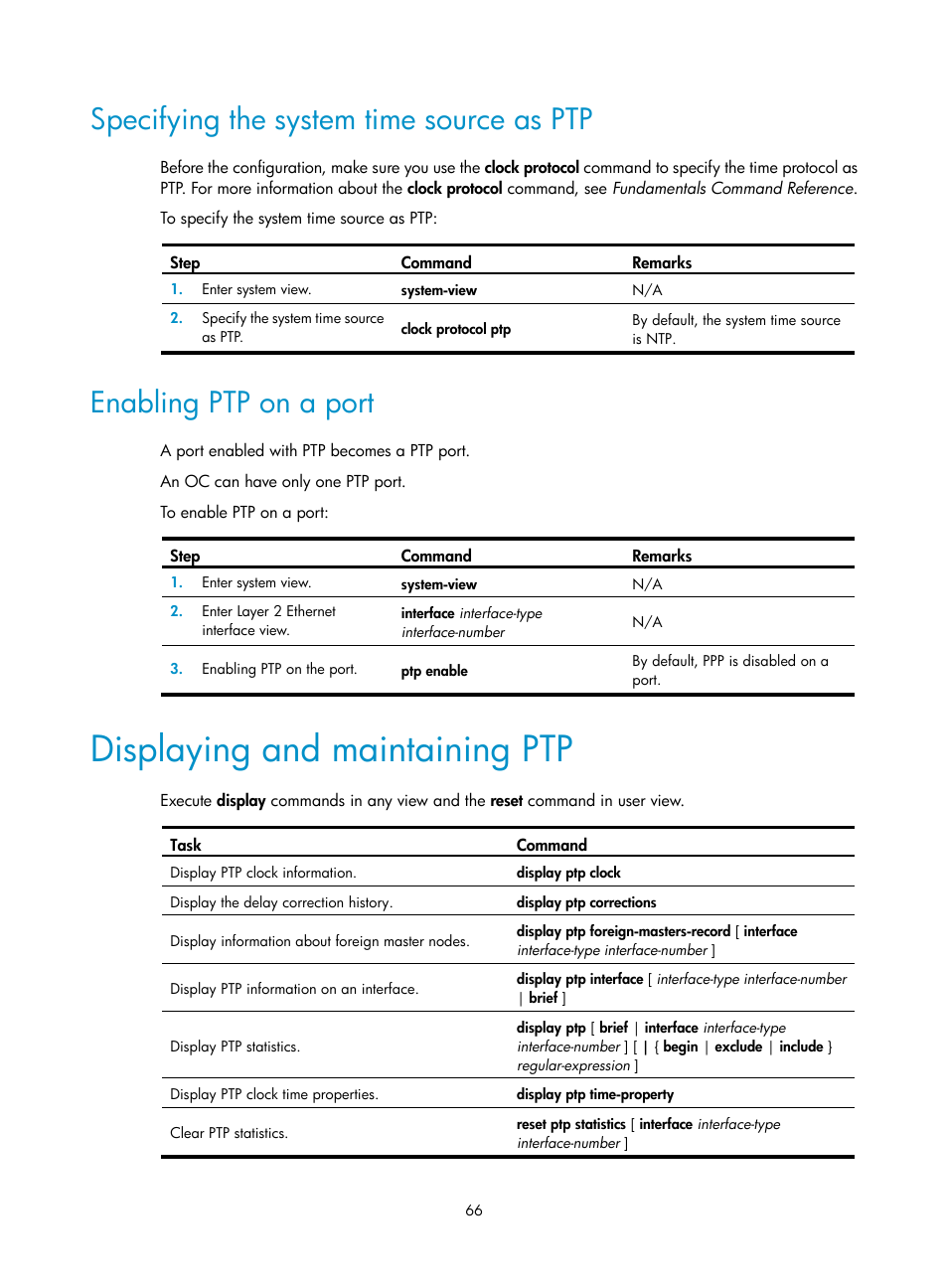 Specifying the system time source as ptp, Enabling ptp on a port, Displaying and maintaining ptp | Required.) | H3C Technologies H3C S6300 Series Switches User Manual | Page 79 / 306