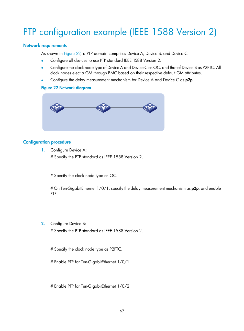 Ptp configuration example (ieee 1588 version 2), Network requirements, Configuration procedure | H3C Technologies H3C S6300 Series Switches User Manual | Page 80 / 306