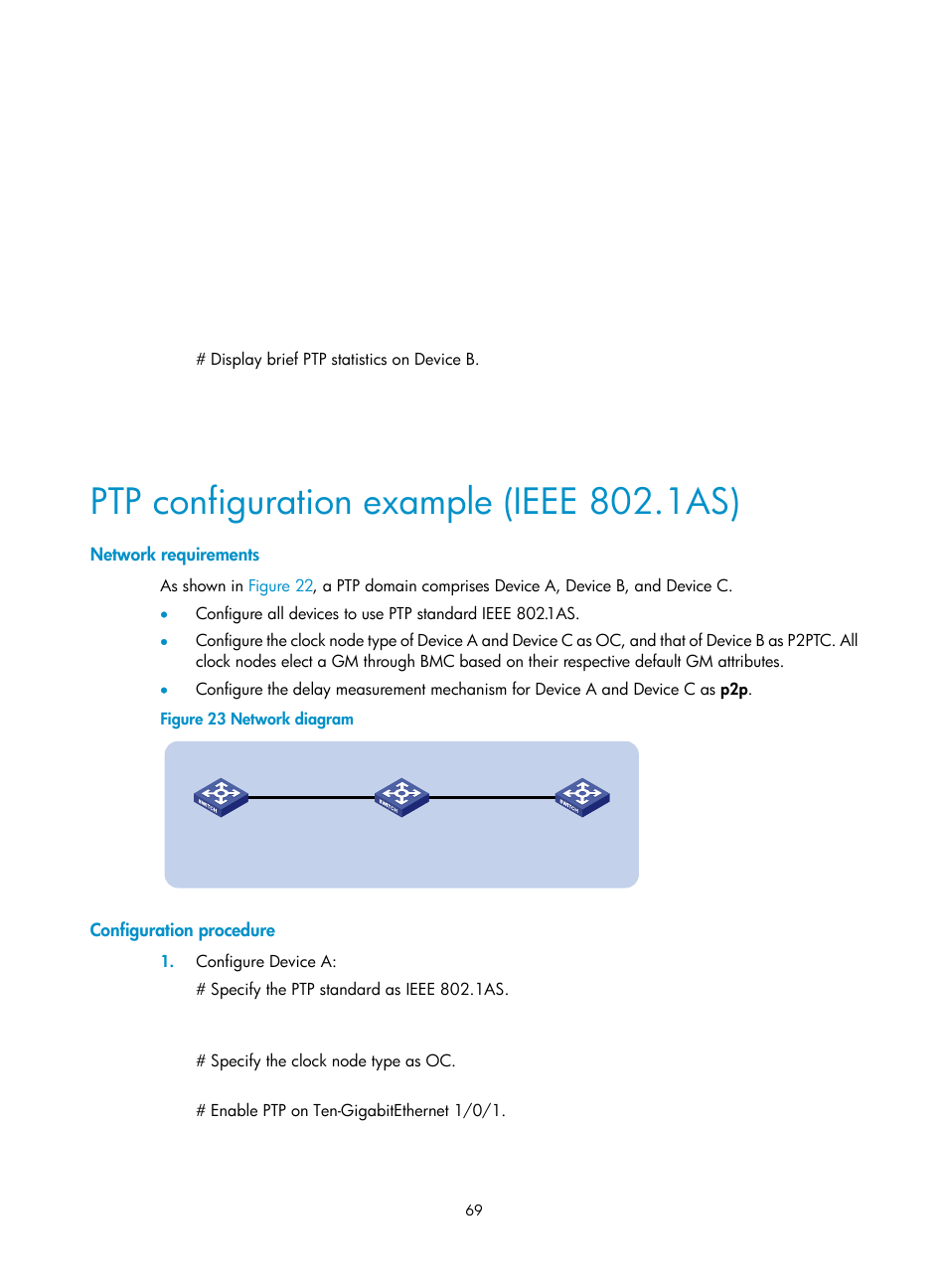 Ptp configuration example (ieee 802.1as), Network requirements, Configuration procedure | H3C Technologies H3C S6300 Series Switches User Manual | Page 82 / 306