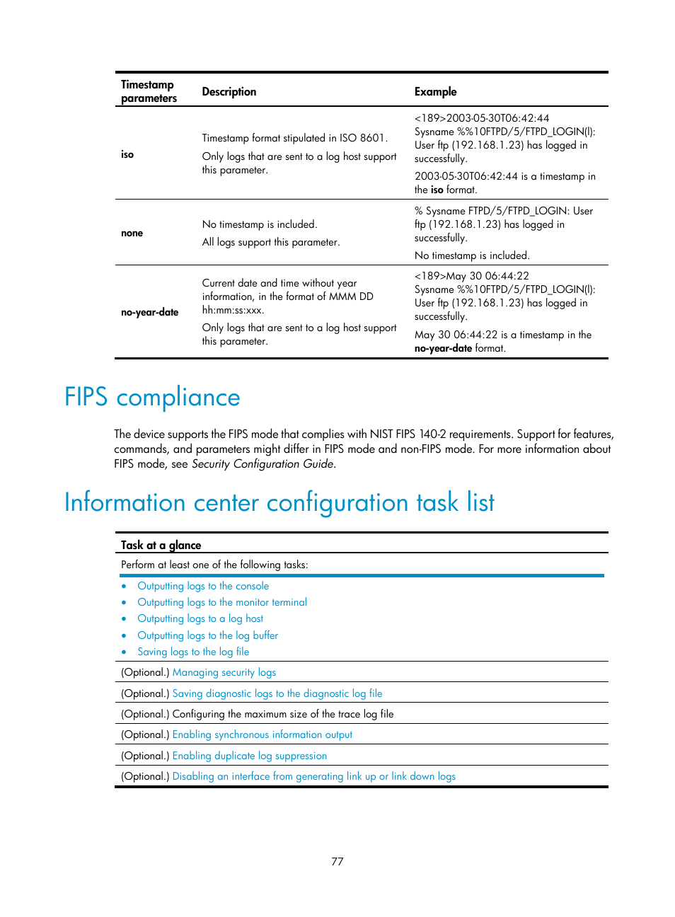 Fips compliance, Information center configuration task list | H3C Technologies H3C S6300 Series Switches User Manual | Page 90 / 306