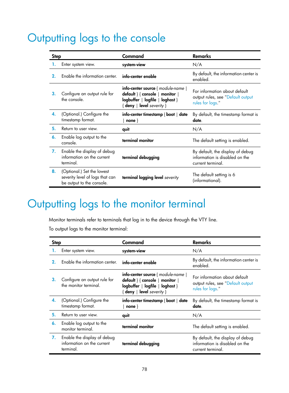 Outputting logs to the console, Outputting logs to the monitor terminal | H3C Technologies H3C S6300 Series Switches User Manual | Page 91 / 306