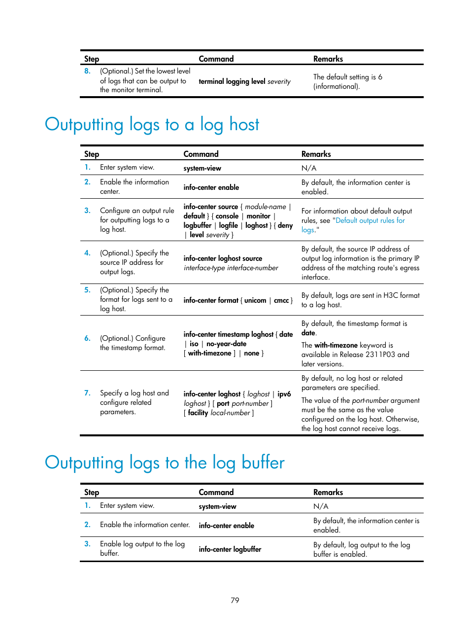 Outputting logs to a log host, Outputting logs to the log buffer | H3C Technologies H3C S6300 Series Switches User Manual | Page 92 / 306