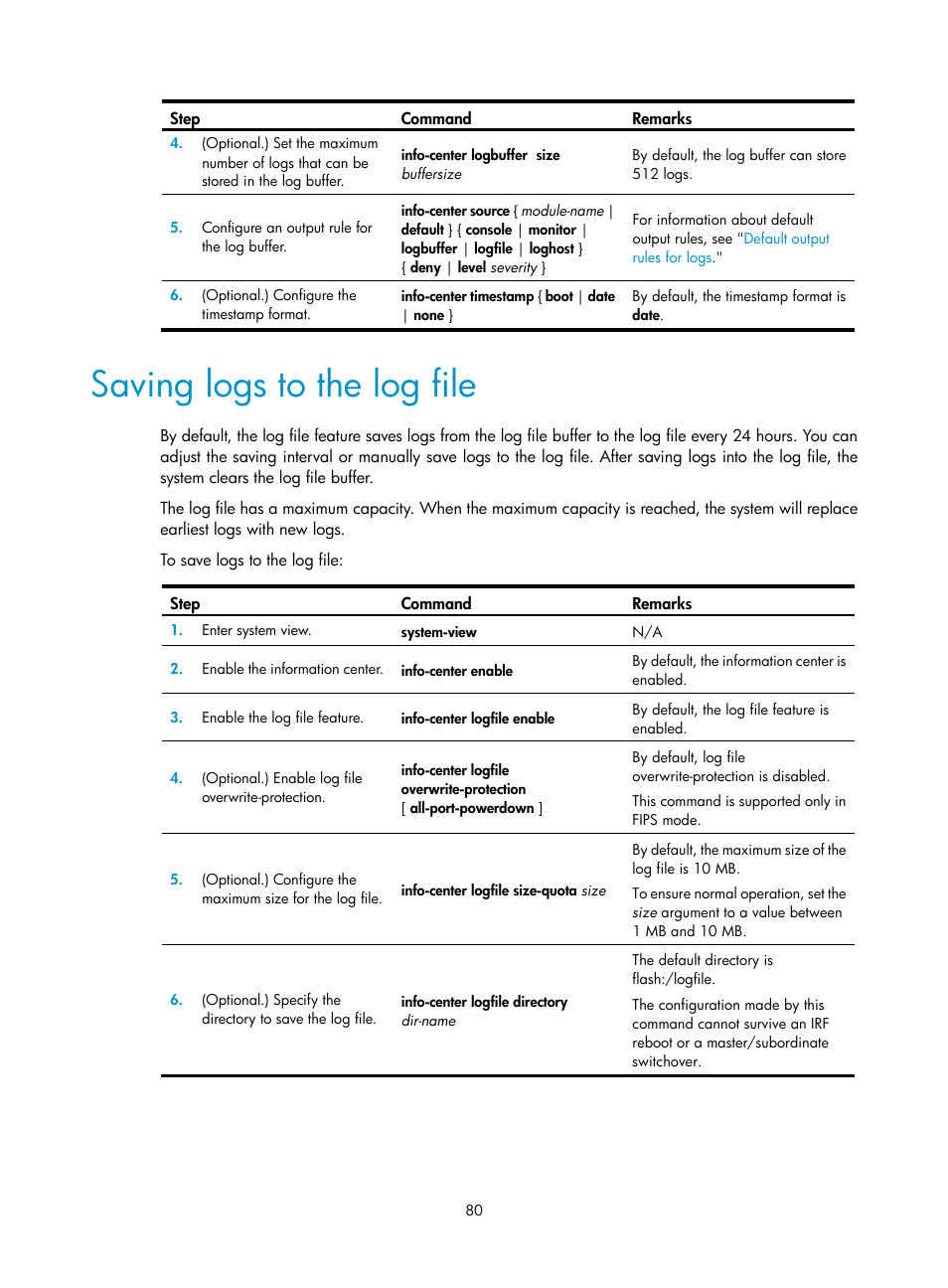 Saving logs to the log file | H3C Technologies H3C S6300 Series Switches User Manual | Page 93 / 306