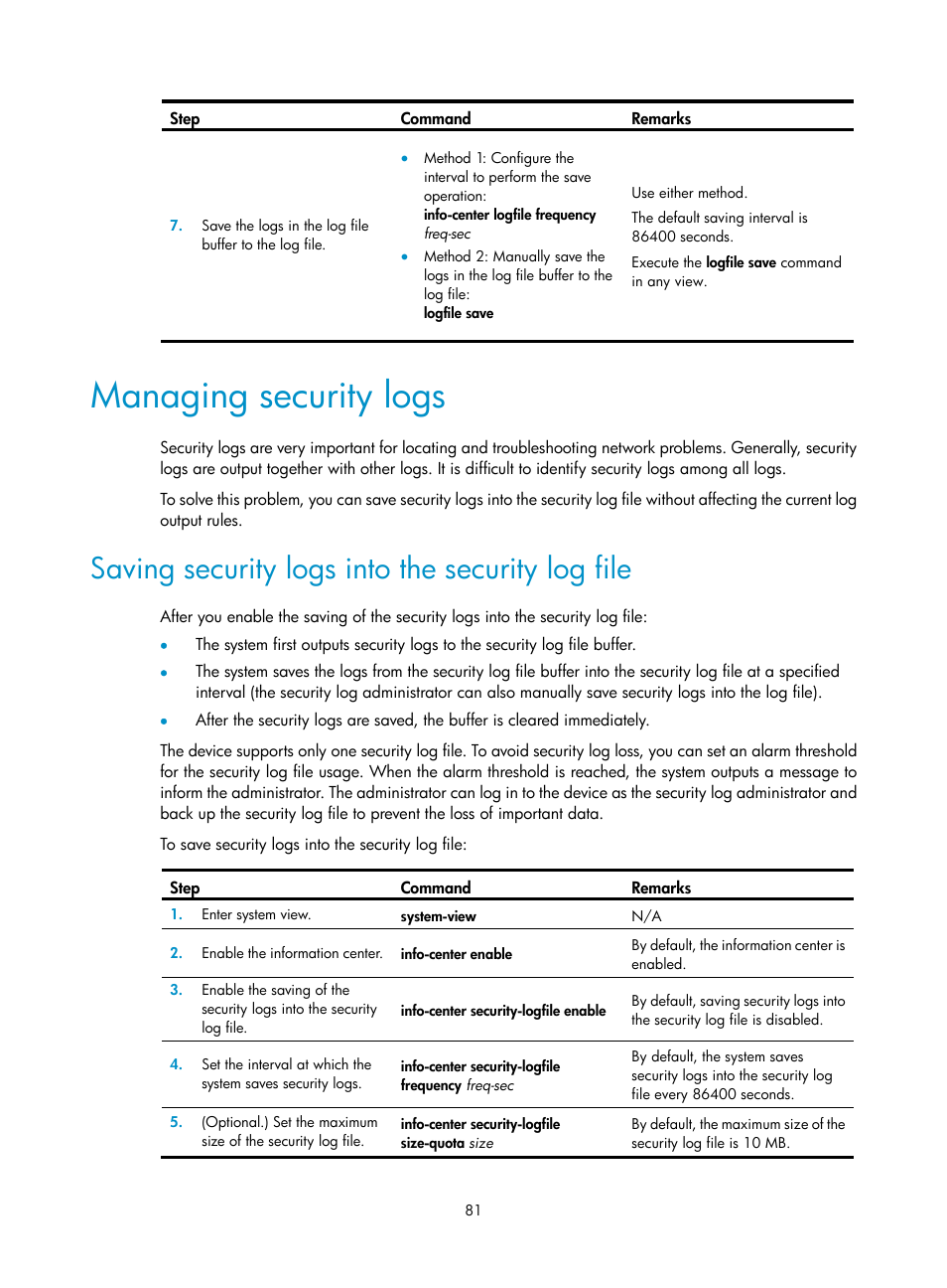 Managing security logs, Saving security logs into the security log file | H3C Technologies H3C S6300 Series Switches User Manual | Page 94 / 306