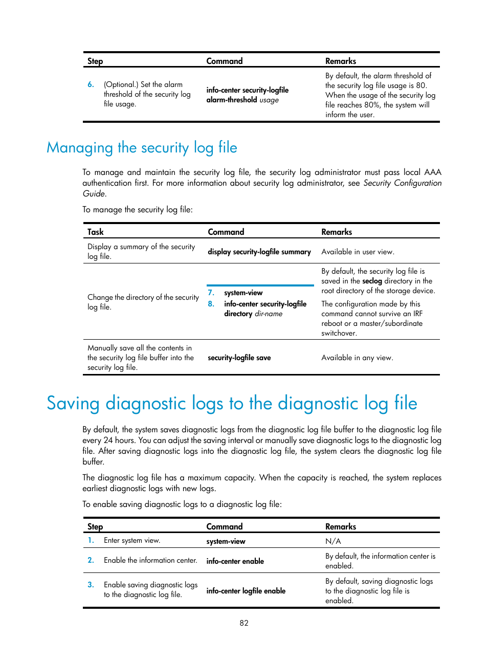 Managing the security log file, Saving diagnostic logs to the diagnostic log file | H3C Technologies H3C S6300 Series Switches User Manual | Page 95 / 306