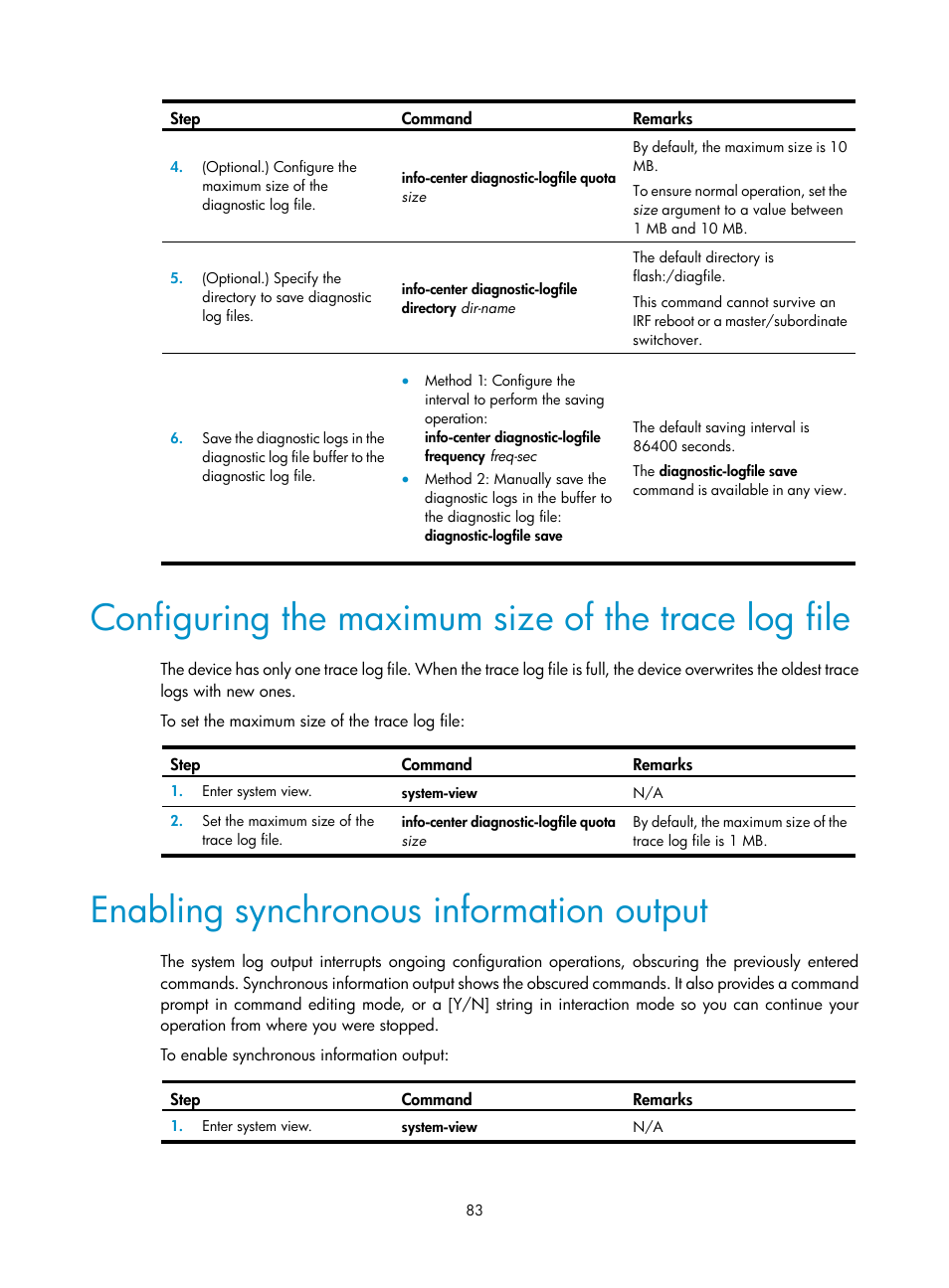 Configuring the maximum size of the trace log file, Enabling synchronous information output | H3C Technologies H3C S6300 Series Switches User Manual | Page 96 / 306