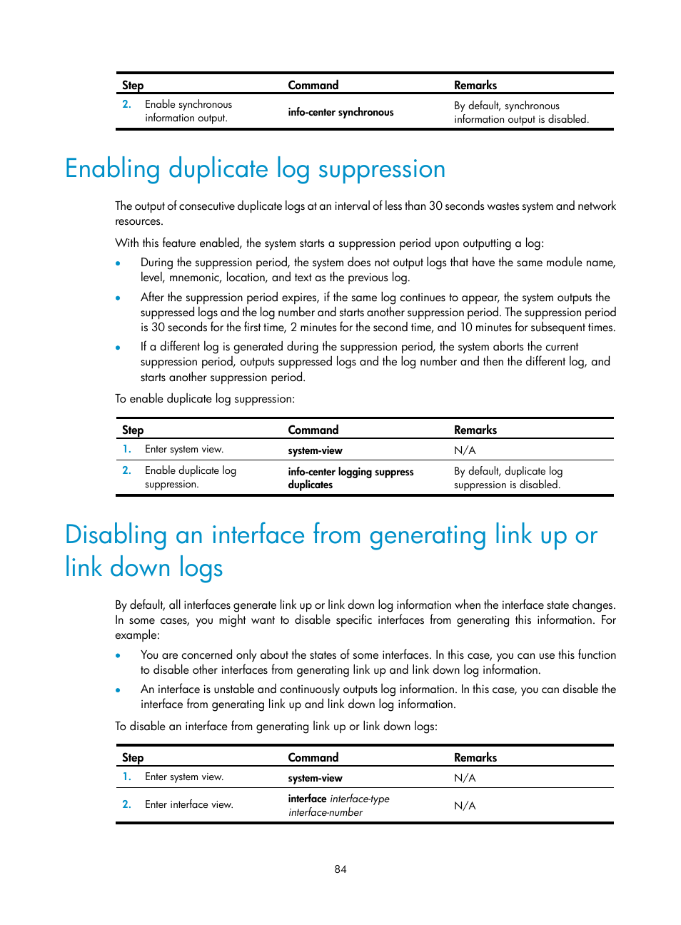 Enabling duplicate log suppression | H3C Technologies H3C S6300 Series Switches User Manual | Page 97 / 306