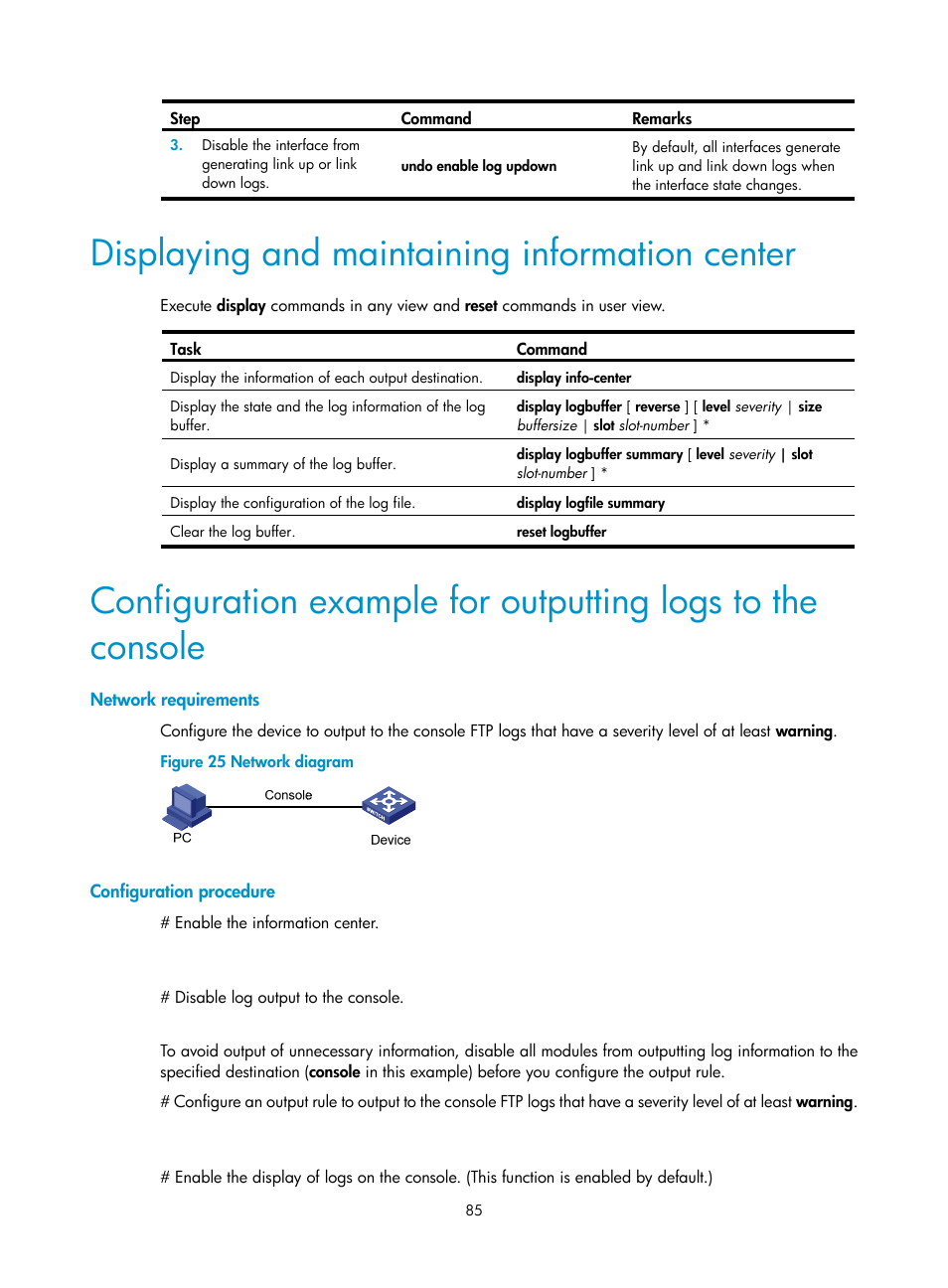 Displaying and maintaining information center, Network requirements, Configuration procedure | H3C Technologies H3C S6300 Series Switches User Manual | Page 98 / 306