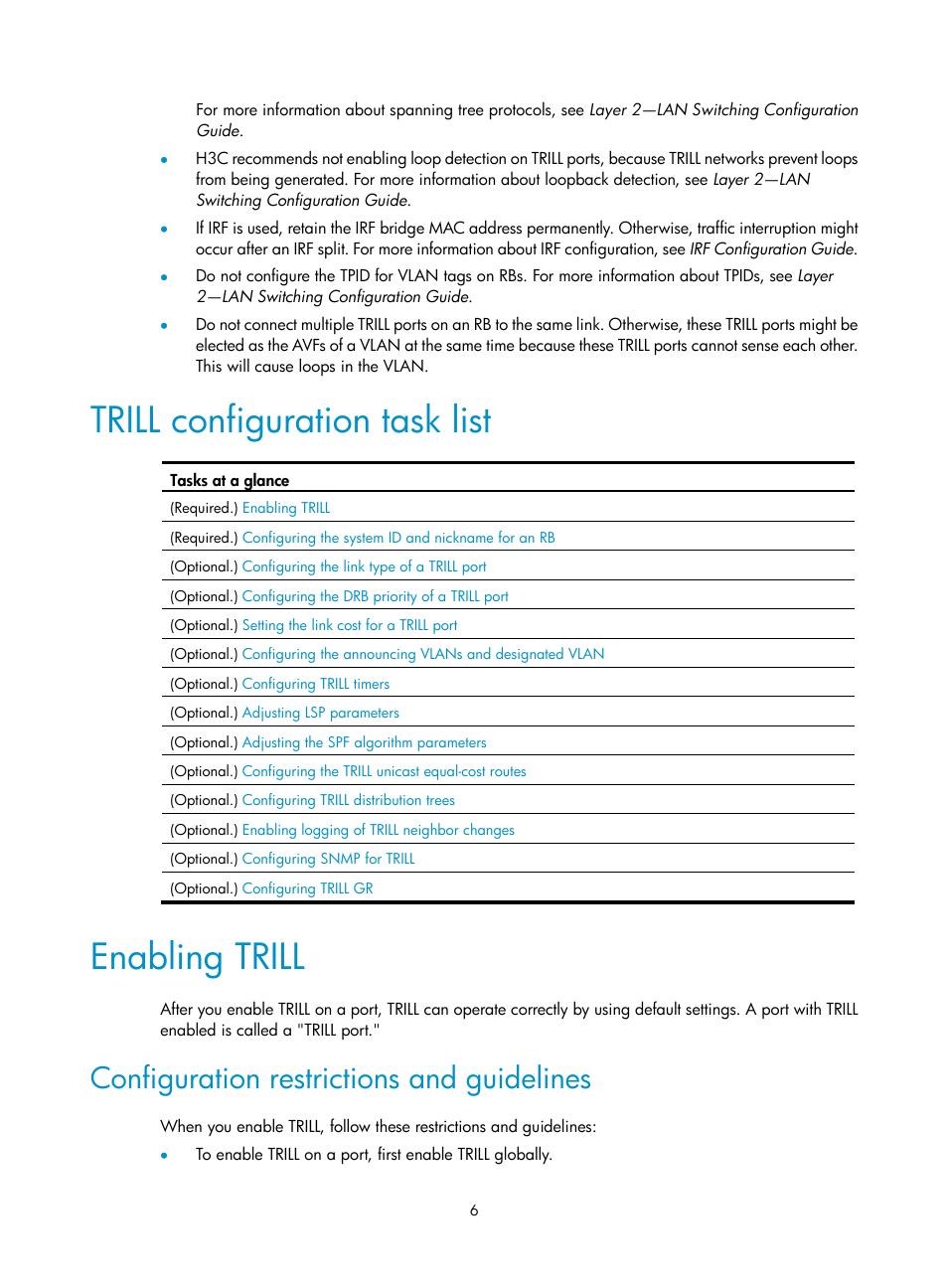 Trill configuration task list, Enabling trill, Configuration restrictions and guidelines | H3C Technologies H3C S6300 Series Switches User Manual | Page 13 / 31