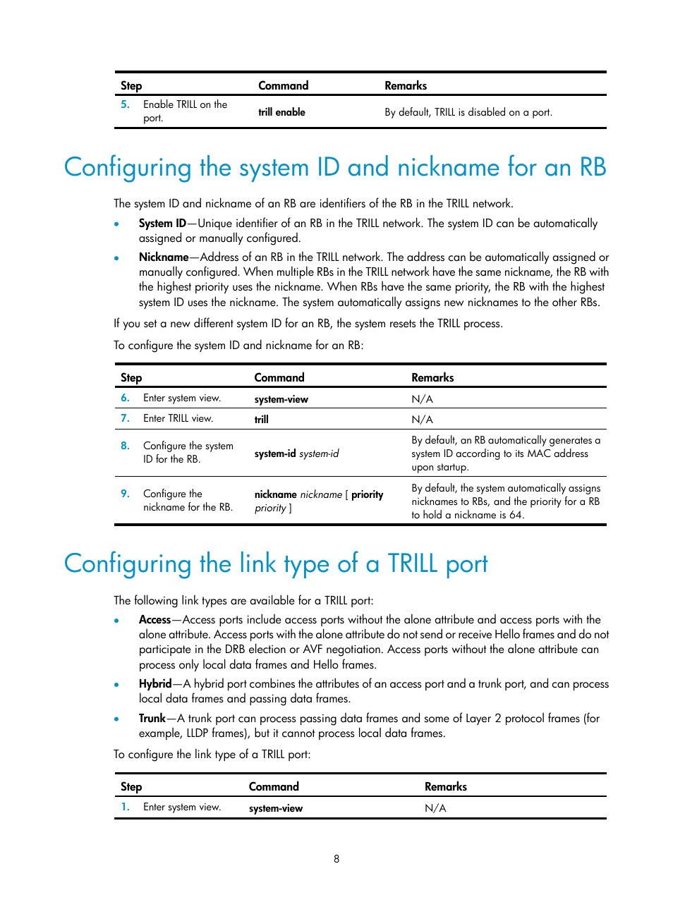 Configuring the system id and nickname for an rb, Configuring the link type of a trill port, Required.) | H3C Technologies H3C S6300 Series Switches User Manual | Page 15 / 31