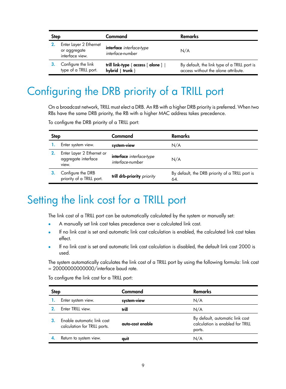 Configuring the drb priority of a trill port, Setting the link cost for a trill port | H3C Technologies H3C S6300 Series Switches User Manual | Page 16 / 31