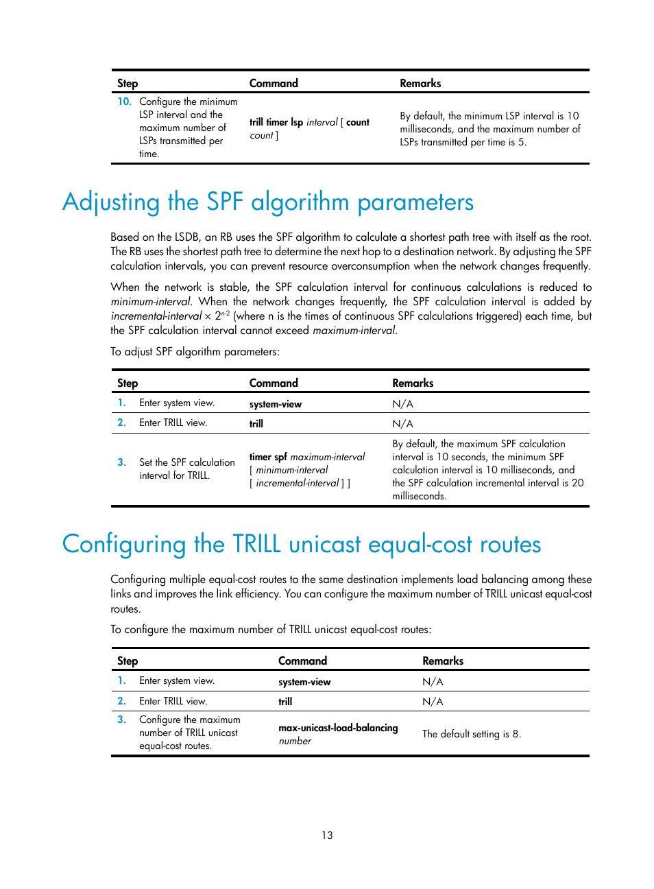 Adjusting the spf algorithm parameters, Configuring the trill unicast equal-cost routes | H3C Technologies H3C S6300 Series Switches User Manual | Page 20 / 31