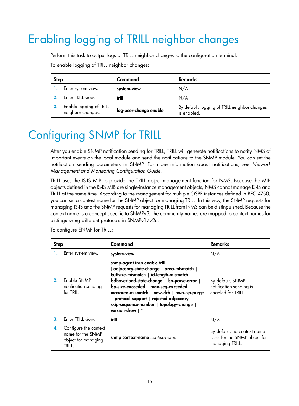 Enabling logging of trill neighbor changes, Configuring snmp for trill | H3C Technologies H3C S6300 Series Switches User Manual | Page 22 / 31