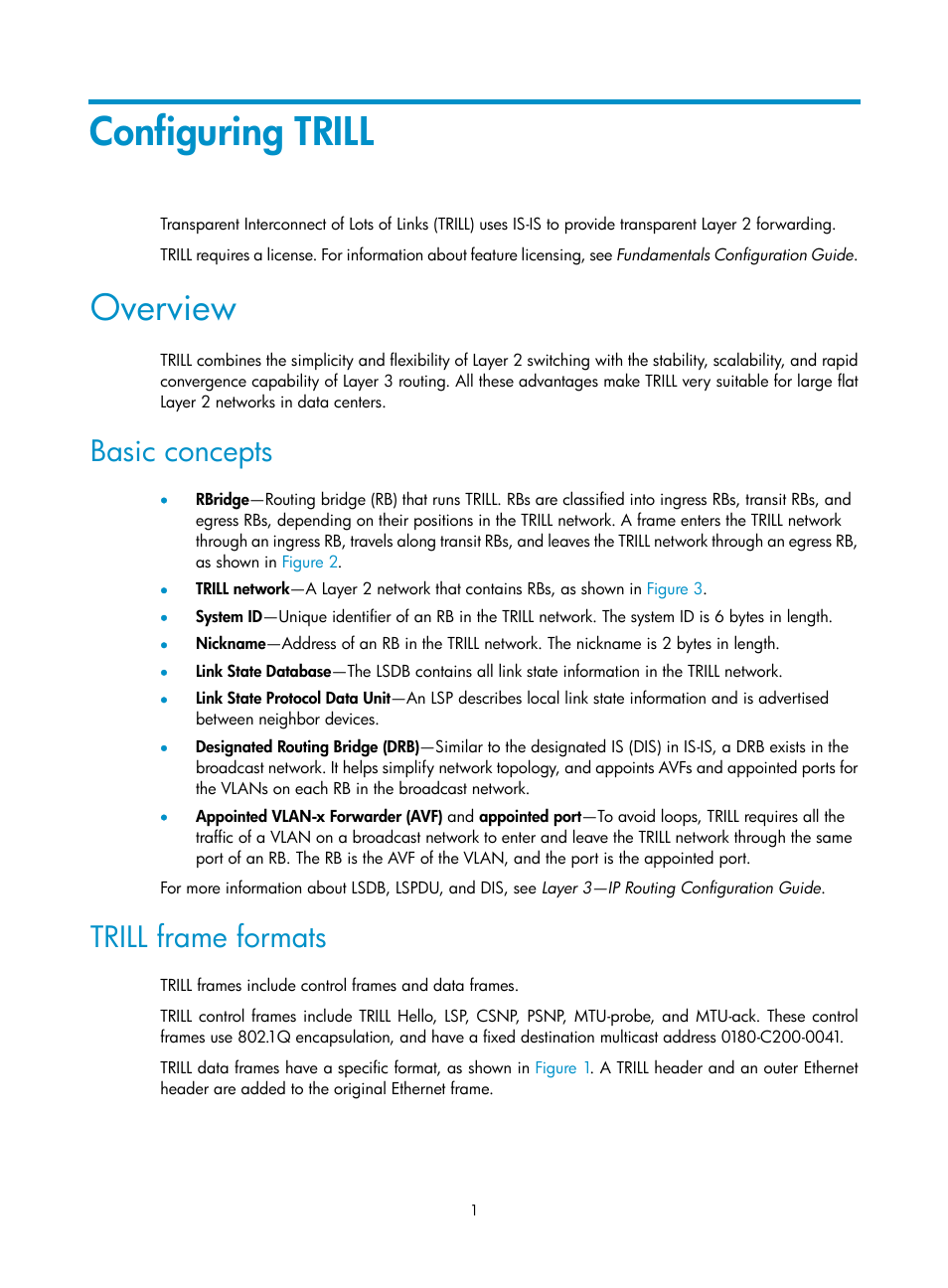 Configuring trill, Overview, Basic concepts | Trill frame formats | H3C Technologies H3C S6300 Series Switches User Manual | Page 8 / 31