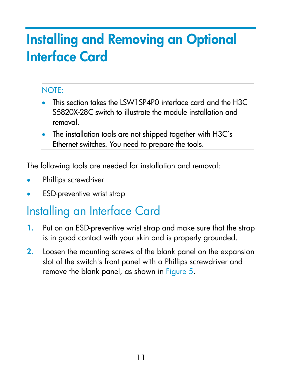 Installing and removing an optional interface card, Installing an interface card | H3C Technologies H3C S5800 Series Switches User Manual | Page 16 / 26