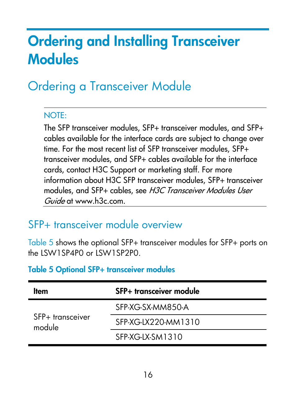 Ordering and installing transceiver modules, Ordering a transceiver module, Sfp+ transceiver module overview | Sfp+ transceiver module, Overview | H3C Technologies H3C S5800 Series Switches User Manual | Page 21 / 26