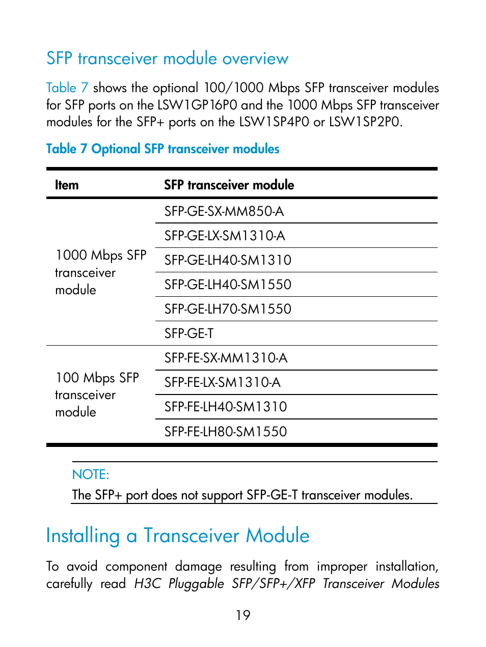 Sfp transceiver module overview, Installing a transceiver module, Sfp transceiver | Module overview | H3C Technologies H3C S5800 Series Switches User Manual | Page 24 / 26