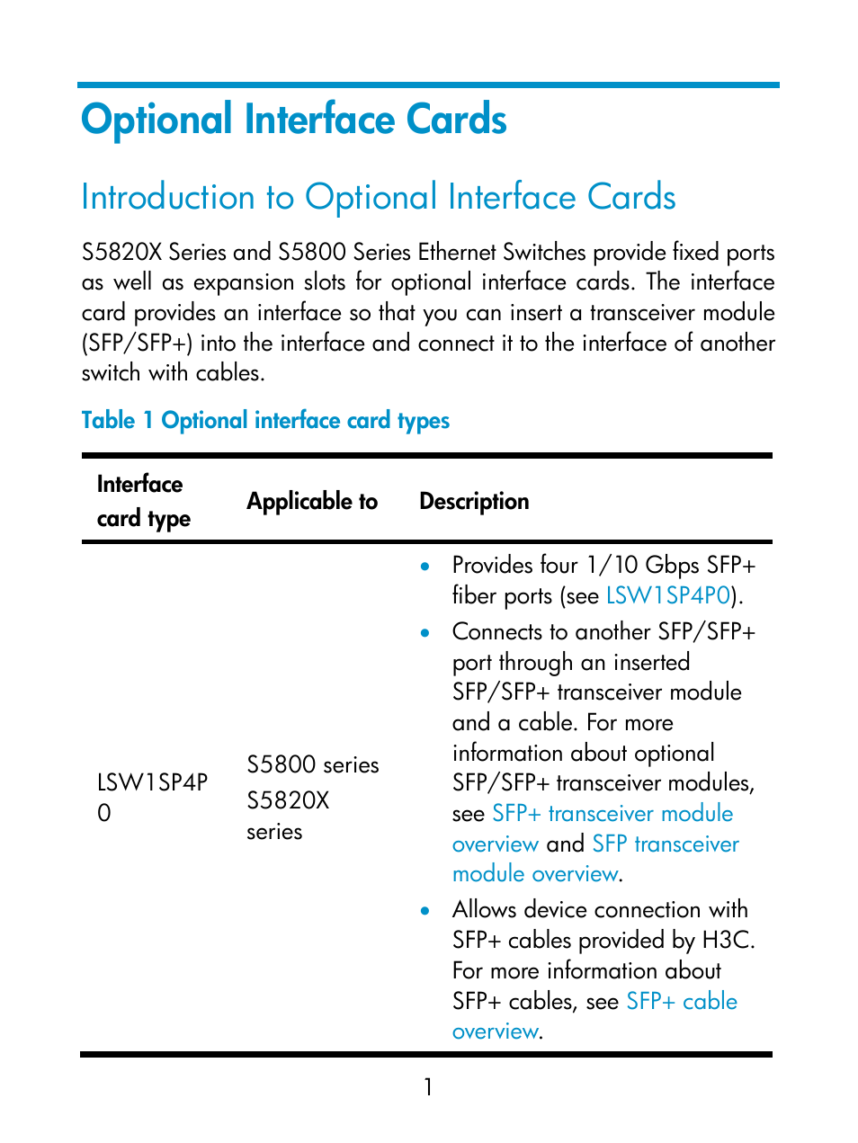 Optional interface cards, Introduction to optional interface cards | H3C Technologies H3C S5800 Series Switches User Manual | Page 6 / 26