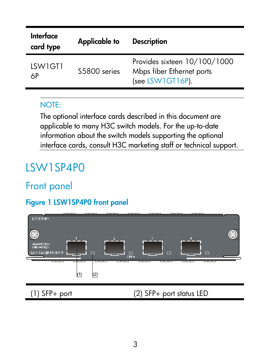 Lsw1sp4p0, Front panel | H3C Technologies H3C S5800 Series Switches User Manual | Page 8 / 26