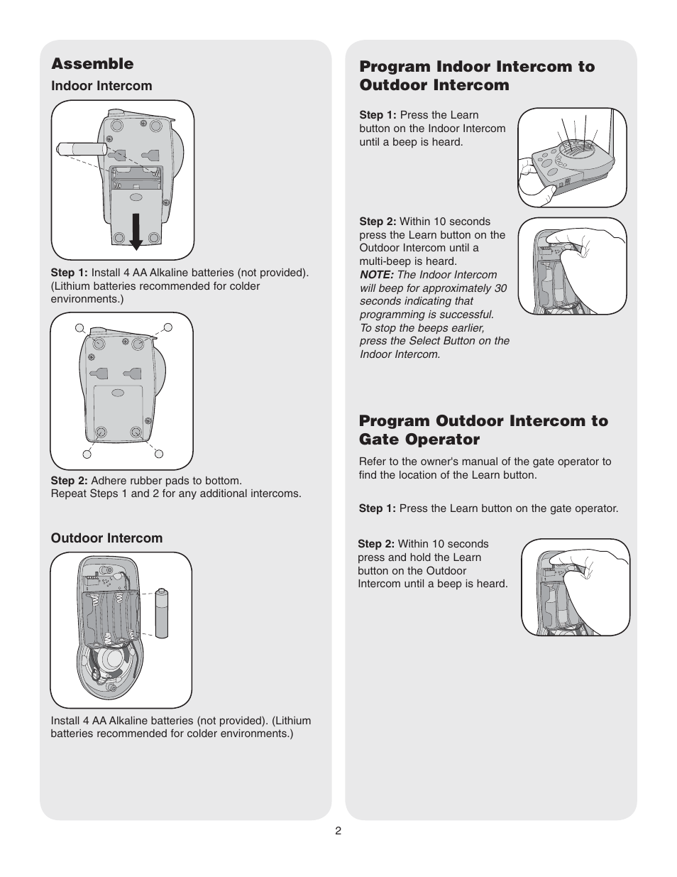 Assemble, Program indoor intercom to outdoor intercom, Program outdoor intercom to gate operator | Chamberlain WIRELESS GATE ACCESS RGAIPI User Manual | Page 2 / 6