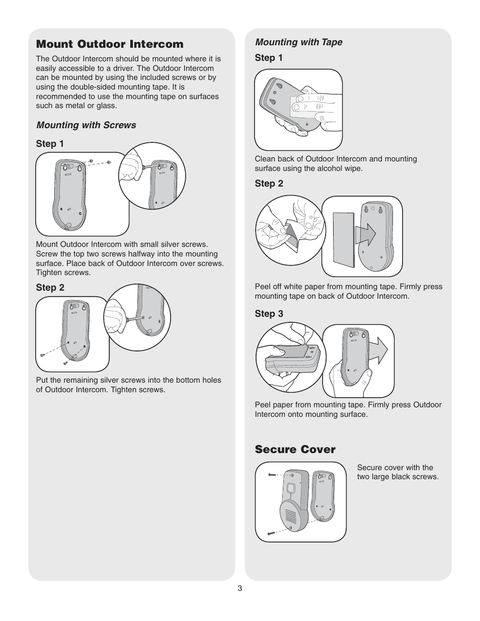 Mount outdoor intercom, Secure cover | Chamberlain WIRELESS GATE ACCESS RGAIPI User Manual | Page 3 / 6