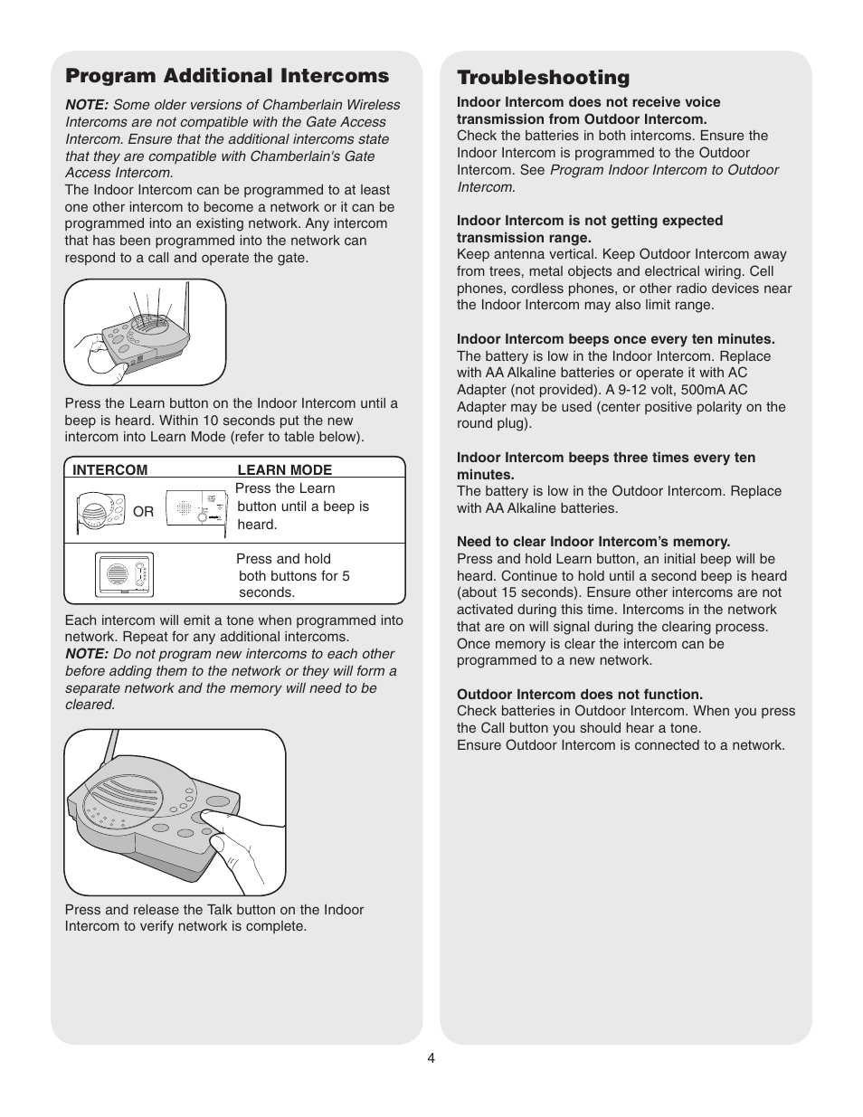 Program additional intercoms, Troubleshooting | Chamberlain WIRELESS GATE ACCESS RGAIPI User Manual | Page 4 / 6