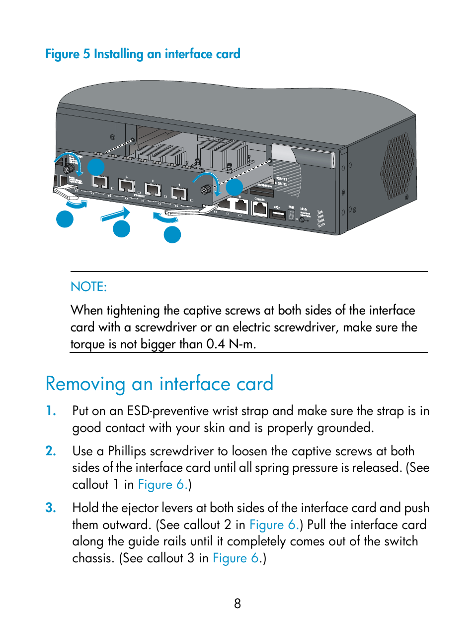 Removing an interface card, Figure 5, 2 in | H3C Technologies H3C S5800 Series Switches User Manual | Page 12 / 14