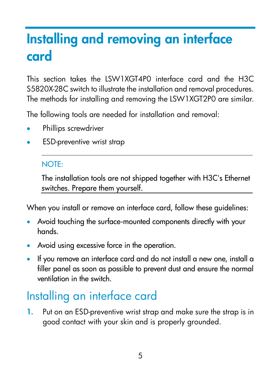 Installing and removing an interface card, Installing an interface card | H3C Technologies H3C S5800 Series Switches User Manual | Page 9 / 14