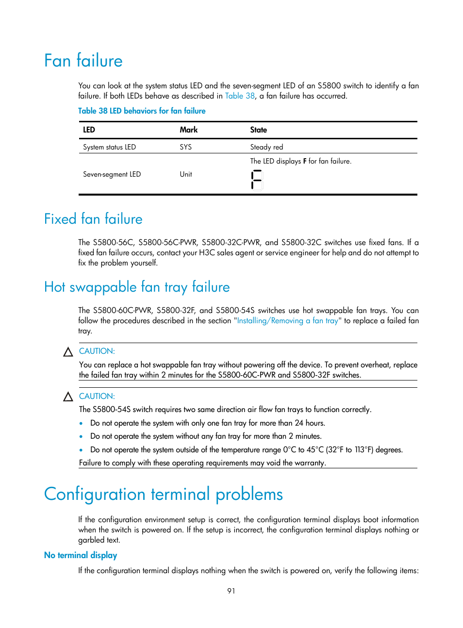 Fan failure, Fixed fan failure, Hot swappable fan tray failure | Configuration terminal problems, No terminal display | H3C Technologies H3C S5800 Series Switches User Manual | Page 101 / 103