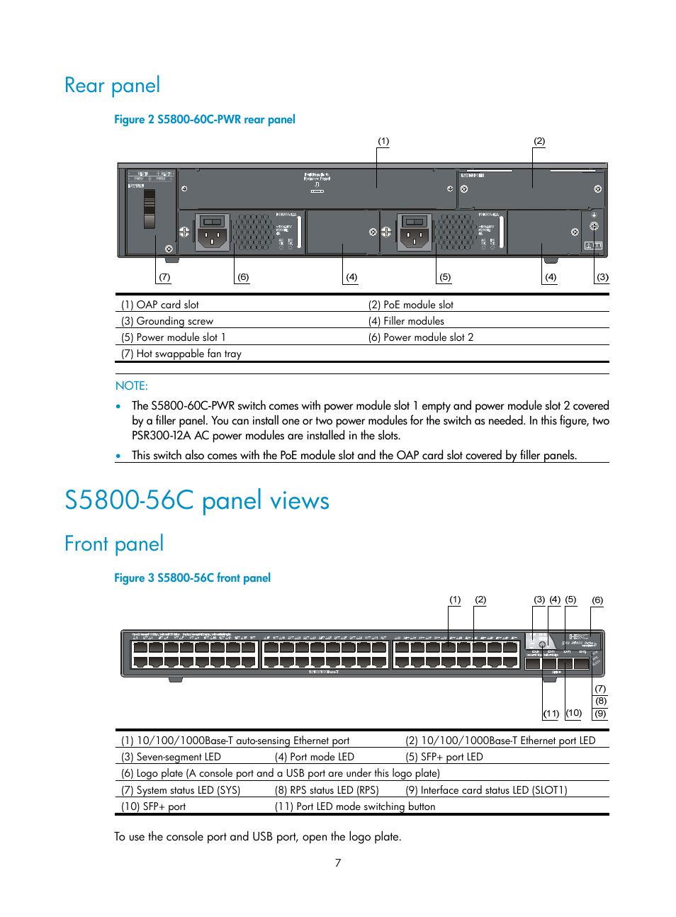 Rear panel, S5800-56c panel views, Front panel | H3C Technologies H3C S5800 Series Switches User Manual | Page 17 / 103