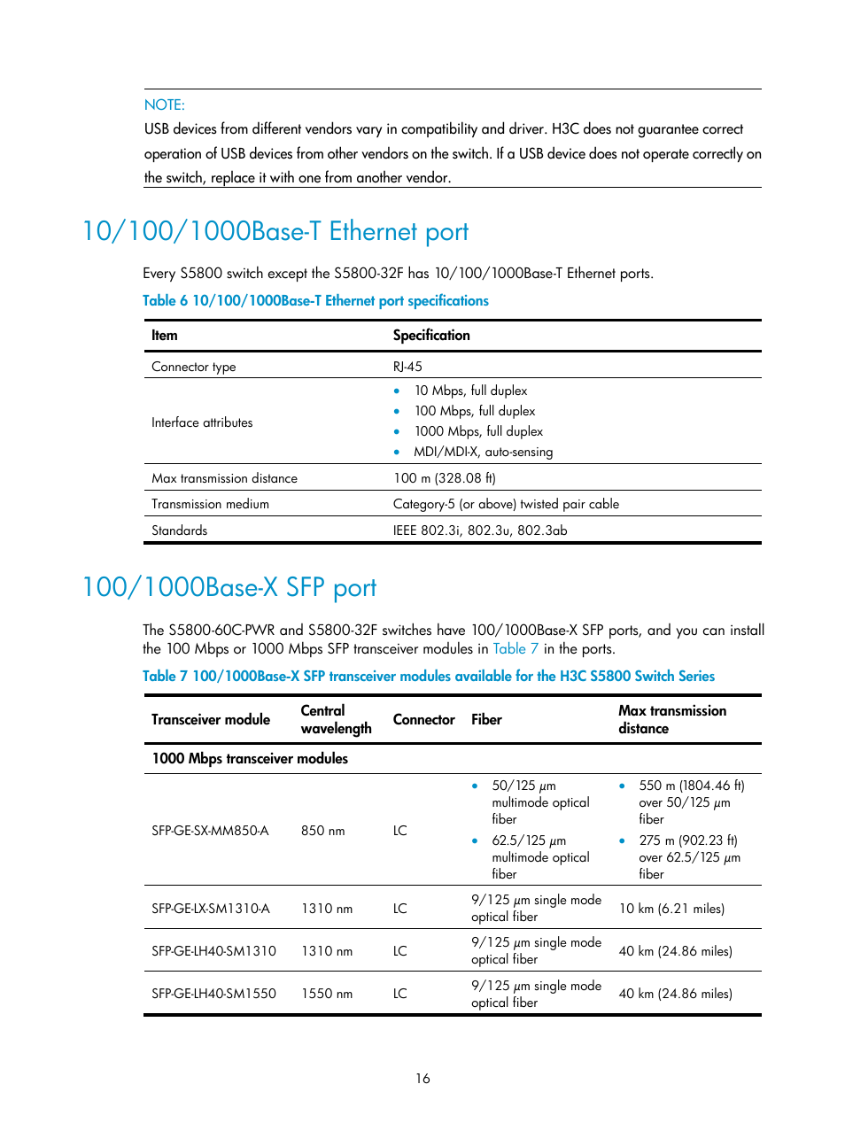 10/100/1000base-t ethernet port, 100/1000base-x sfp port | H3C Technologies H3C S5800 Series Switches User Manual | Page 26 / 103