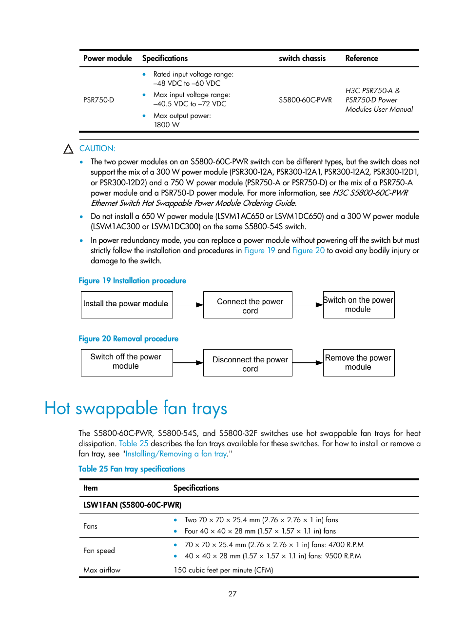 Hot swappable fan trays | H3C Technologies H3C S5800 Series Switches User Manual | Page 37 / 103