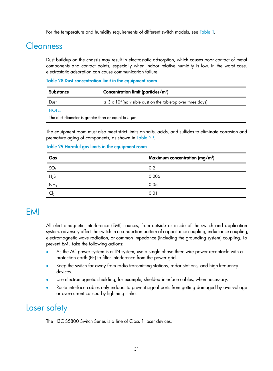 Cleanness, Laser safety | H3C Technologies H3C S5800 Series Switches User Manual | Page 41 / 103