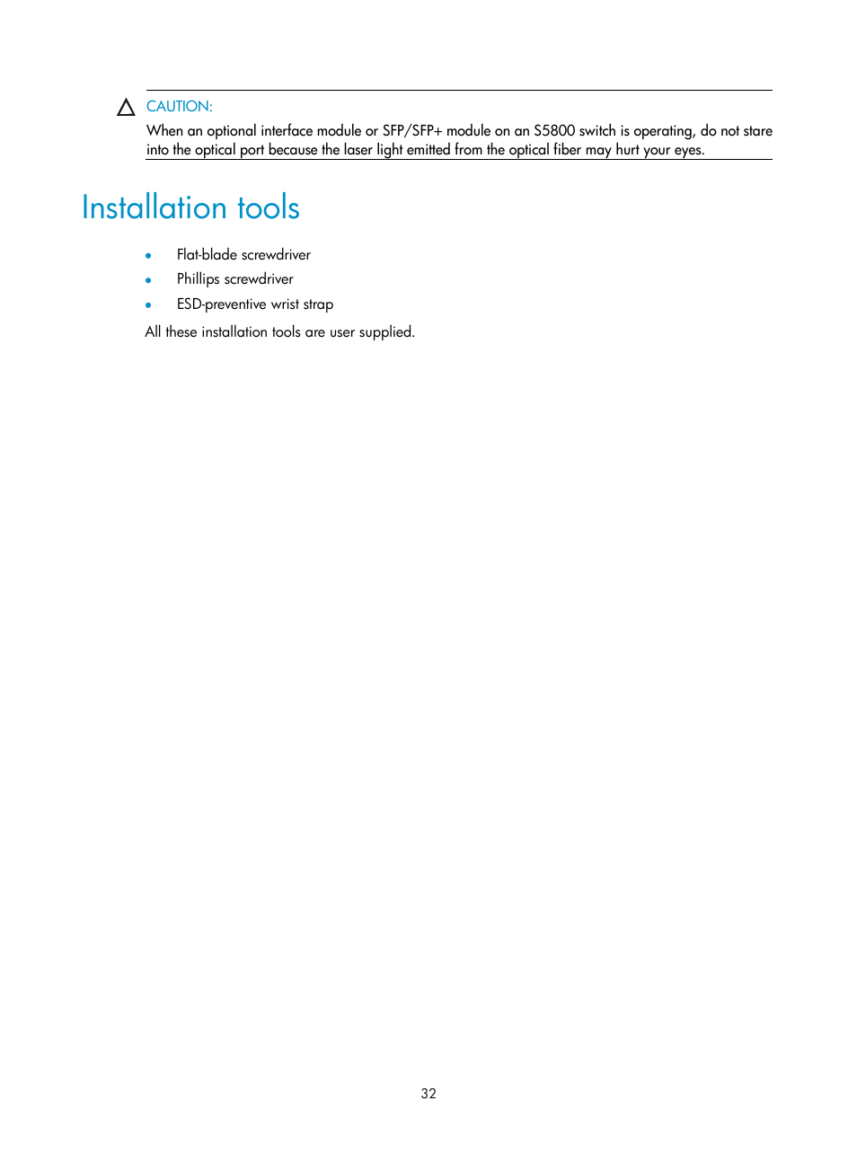 Installation tools | H3C Technologies H3C S5800 Series Switches User Manual | Page 42 / 103