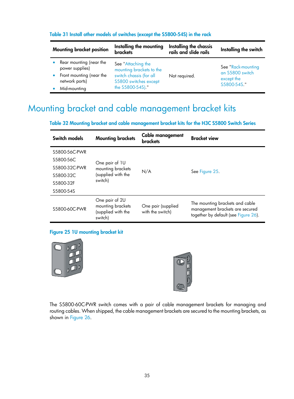 Mounting bracket and cable management bracket kits | H3C Technologies H3C S5800 Series Switches User Manual | Page 45 / 103