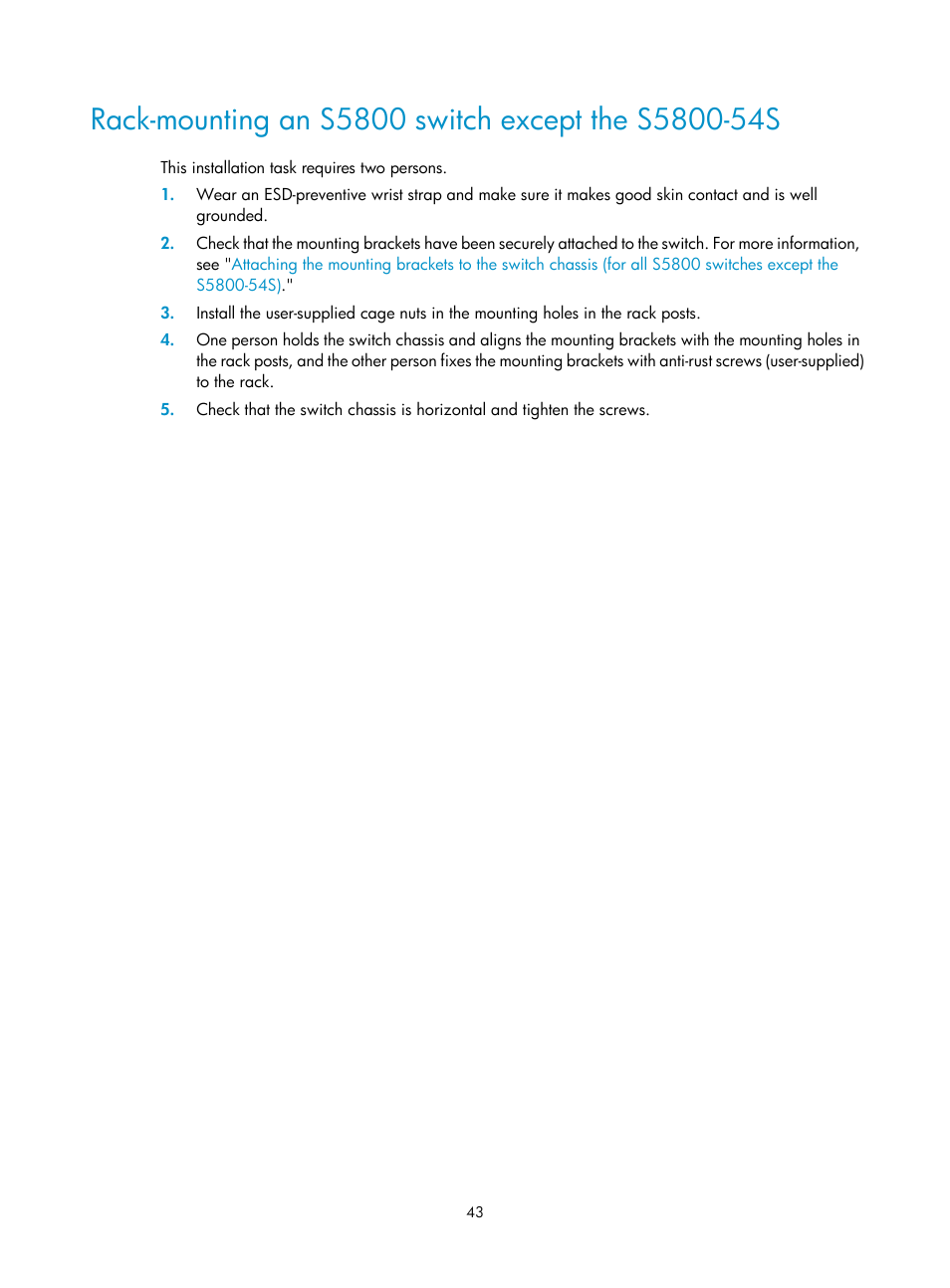 Rack-mounting an s5800 switch except the s5800-54s, Rack-mounting, An s5800 switch | Except the, S5800-54s | H3C Technologies H3C S5800 Series Switches User Manual | Page 53 / 103