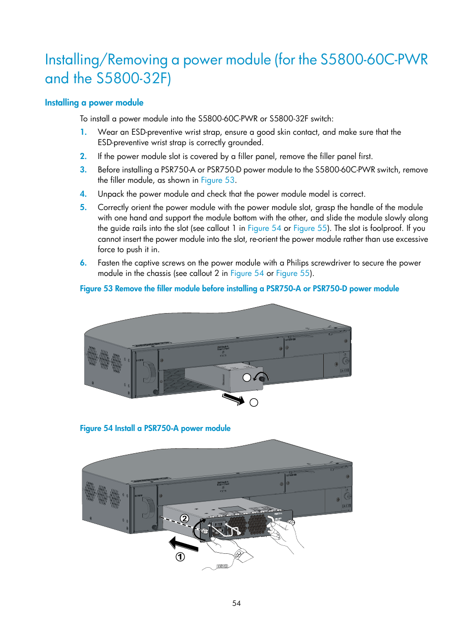 Installing a power module | H3C Technologies H3C S5800 Series Switches User Manual | Page 64 / 103