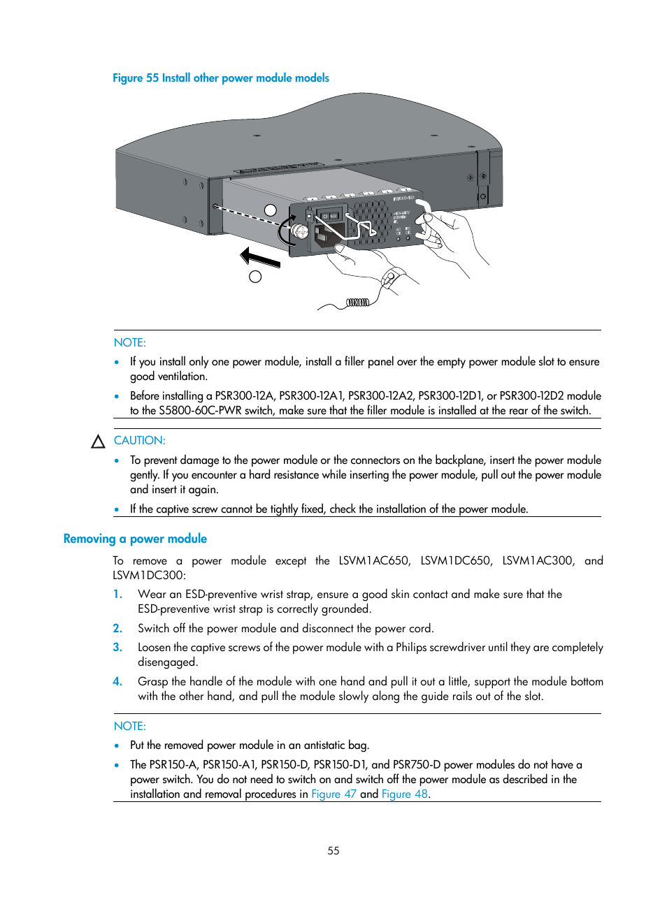 Removing a power module, Figure 55, The slot i | H3C Technologies H3C S5800 Series Switches User Manual | Page 65 / 103