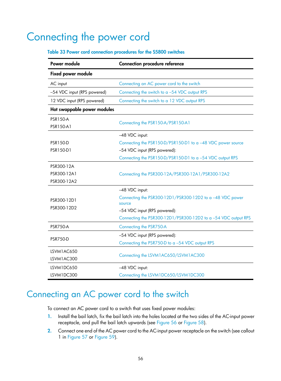 Connecting the power cord, Connecting an ac power cord to the switch | H3C Technologies H3C S5800 Series Switches User Manual | Page 66 / 103