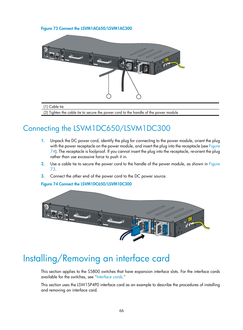 Connecting the lsvm1dc650/lsvm1dc300, Installing/removing an interface card, Installing/removing an interface | Card | H3C Technologies H3C S5800 Series Switches User Manual | Page 76 / 103