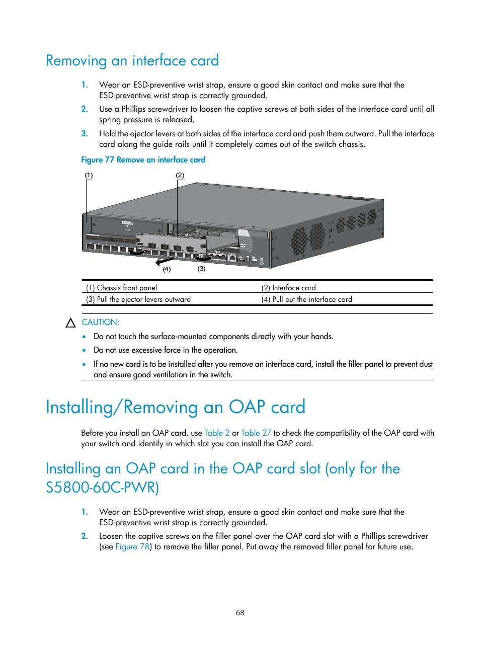 Removing an interface card, Installing/removing an oap card | H3C Technologies H3C S5800 Series Switches User Manual | Page 78 / 103