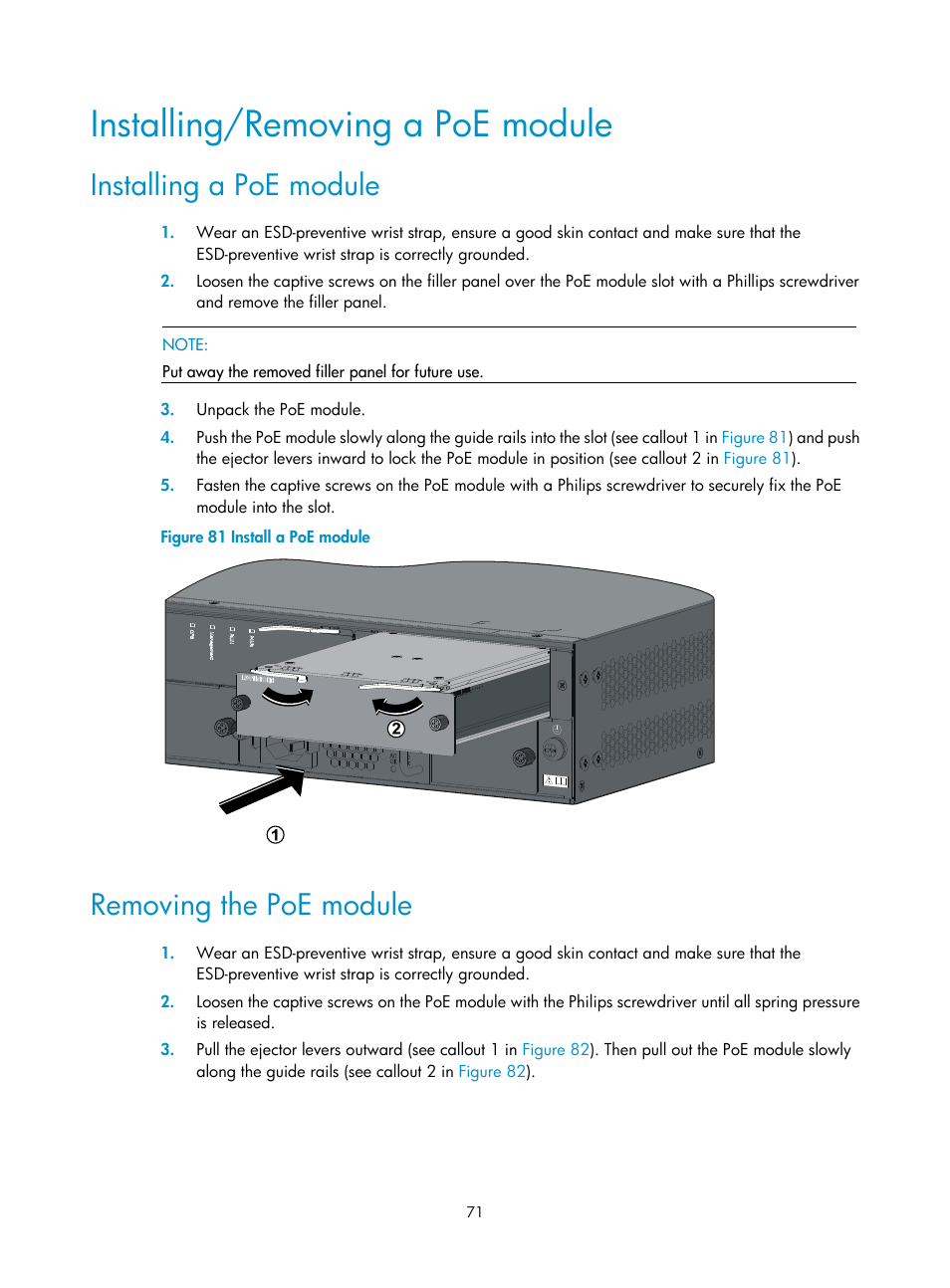 Installing/removing a poe module, Installing a poe module, Removing the poe module | H3C Technologies H3C S5800 Series Switches User Manual | Page 81 / 103