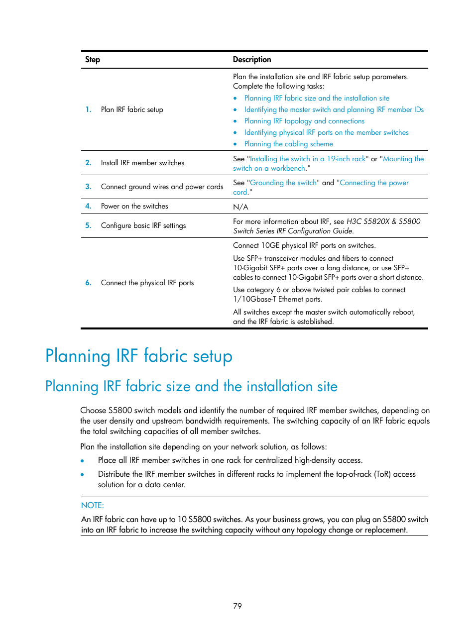 Planning irf fabric setup, Planning irf fabric size and the installation site | H3C Technologies H3C S5800 Series Switches User Manual | Page 89 / 103