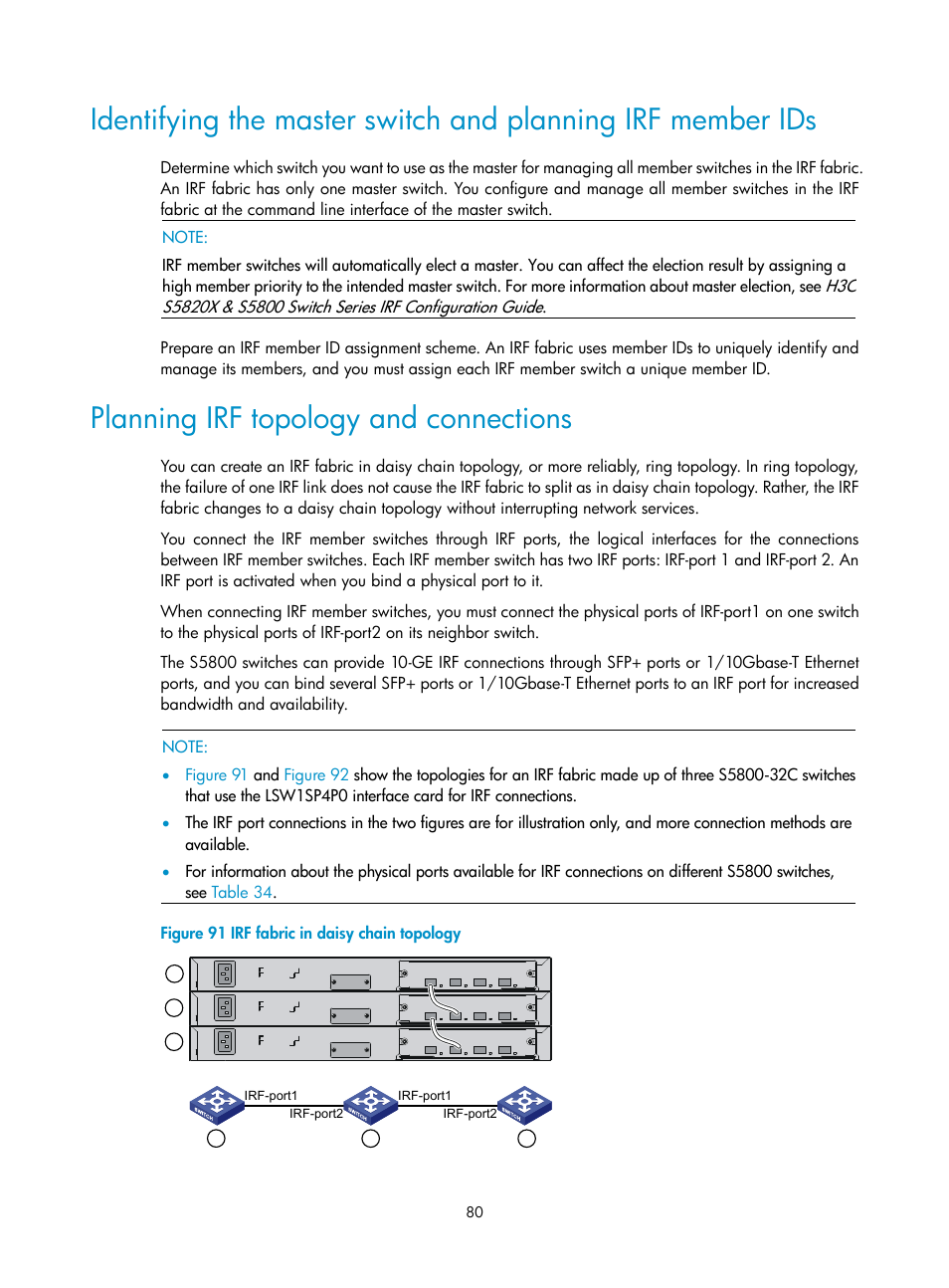 Planning irf topology and connections | H3C Technologies H3C S5800 Series Switches User Manual | Page 90 / 103