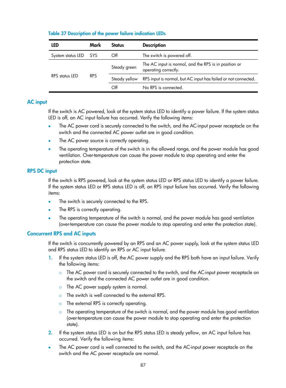 Ac input, Rps dc input, Concurrent rps and ac inputs | H3C Technologies H3C S5800 Series Switches User Manual | Page 97 / 103