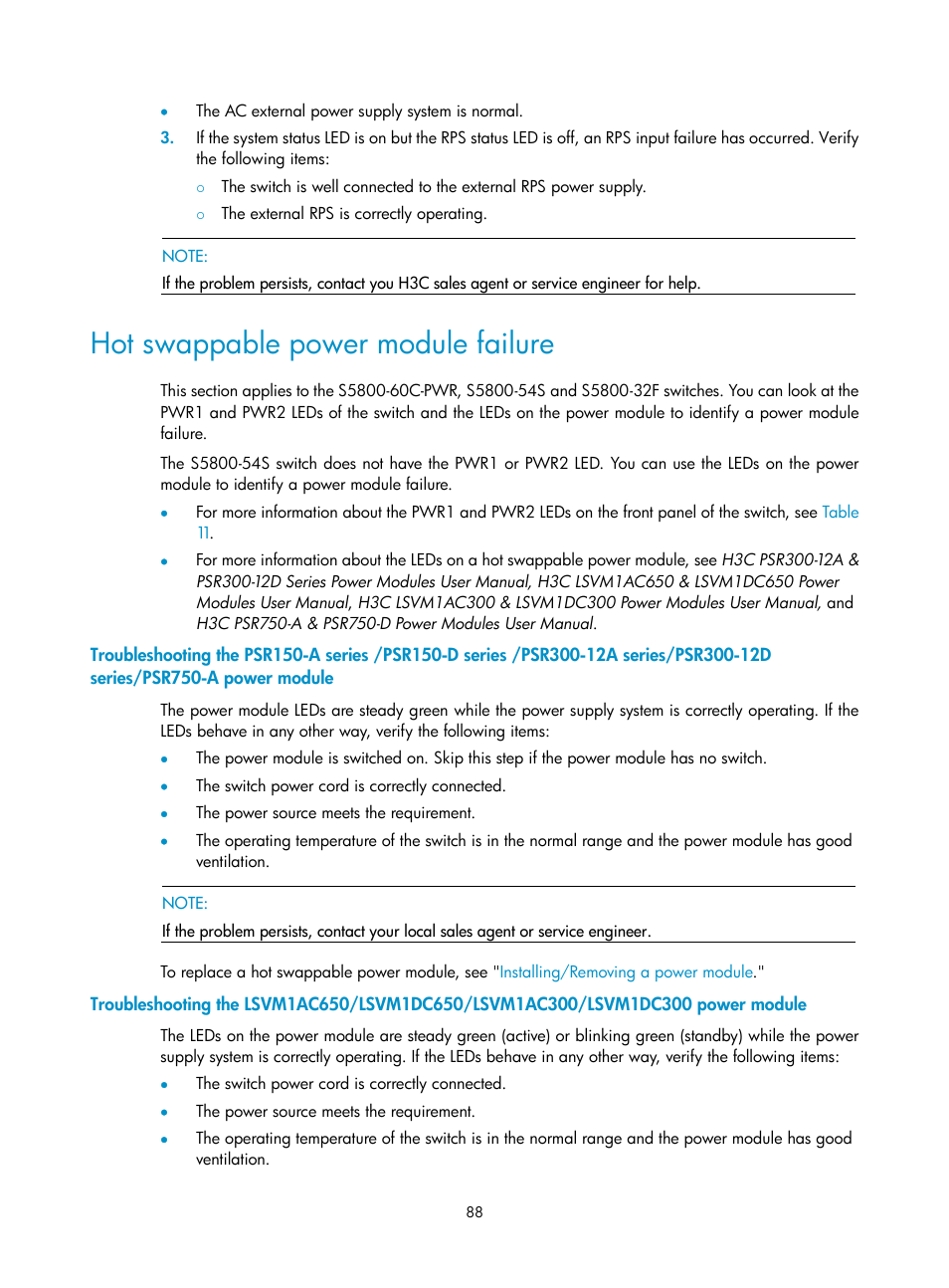 Hot swappable power module failure | H3C Technologies H3C S5800 Series Switches User Manual | Page 98 / 103